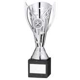SILVER PLASTIC 'FLASH' CUP ON BLACK MARBLE ASSEMBLED TROPHY (1" CEN) - 8in